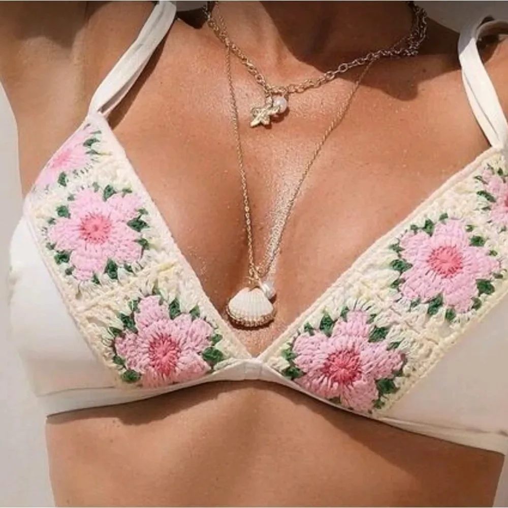 Crochet Floral Trim White Bikini Set For Women Sz M